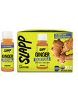 Slapp Ginger Guayusa wellness shot with caffeine, shown as a single bottle and 12-pack box with yellow and blue design, ginger slices, and the tagline - To fight your hardest mornings.