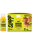 Slapp Ginger Turmeric wellness shot bottle (with lemon and black pepper) and 12-pack box, featuring ginger slices and the tagline “To fight your hardest mornings.”