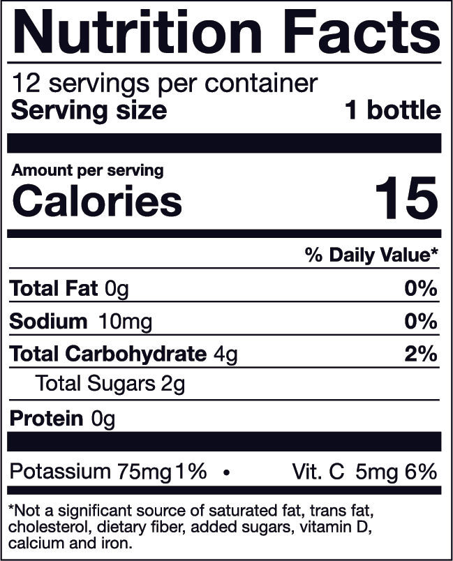 Nutrition facts label for a wellness shot. Serving size is 1 bottle, with 12 servings per container. Each serving contains 15 calories, 0g total fat (0% DV), 10mg sodium (0% DV), 4g total carbohydrates (2% DV), including 2g total sugars, and 0g protein. Provides 75mg potassium (1% DV) and 5mg Vitamin C (6% DV). The label notes it is not a significant source of saturated fat, trans fat, cholesterol, dietary fiber, added sugars, vitamin D, calcium, or iron.