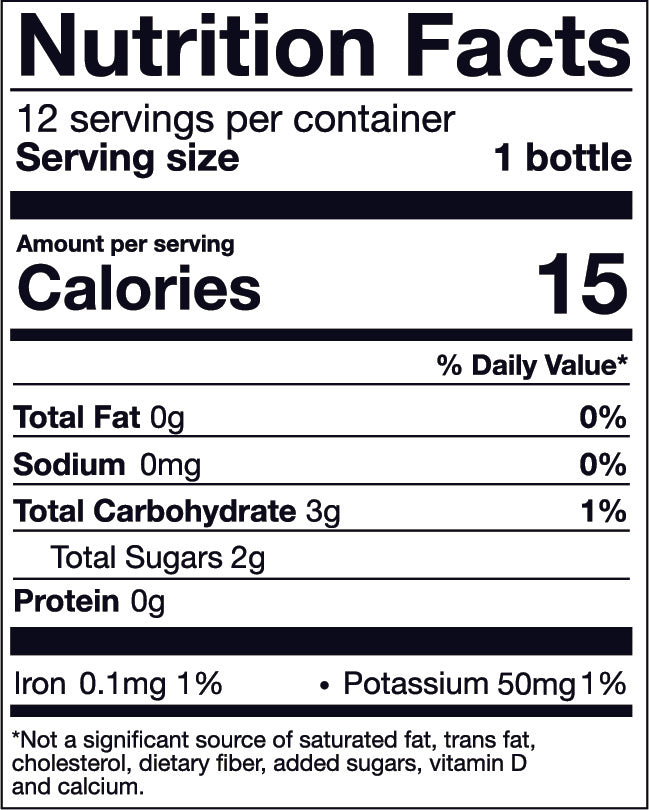 Nutrition facts label for a wellness shot. Serving size is 1 bottle with 12 servings per container. Each serving provides 15 calories, 0g total fat (0% DV), 0mg sodium (0% DV), 3g total carbohydrates (1% DV) including 2g total sugars, and 0g protein. Contains 0.1mg iron (1% DV) and 50mg potassium (1% DV). Label states it is not a significant source of saturated fat, trans fat, cholesterol, dietary fiber, added sugars, vitamin D, or calcium.