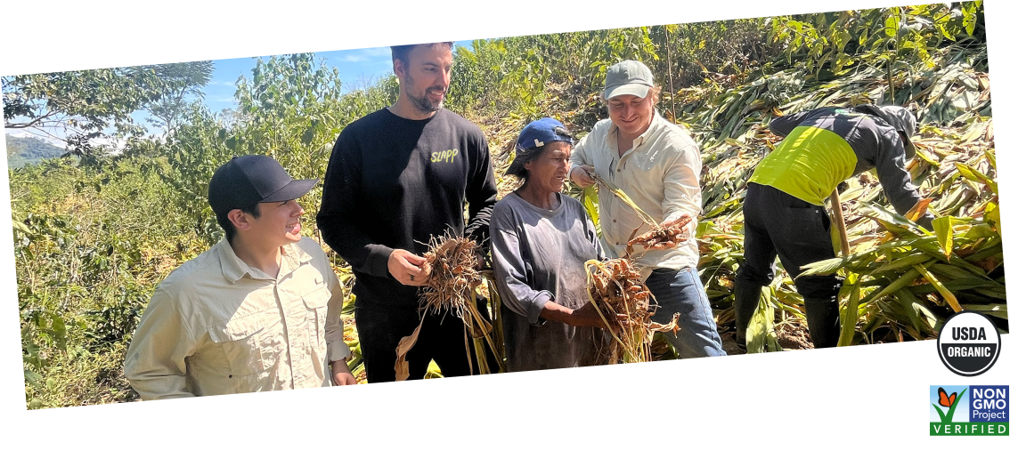 SLAPP team with farmers harvesting roots; USDA Organic and Non-GMO Project Verified logos shown.