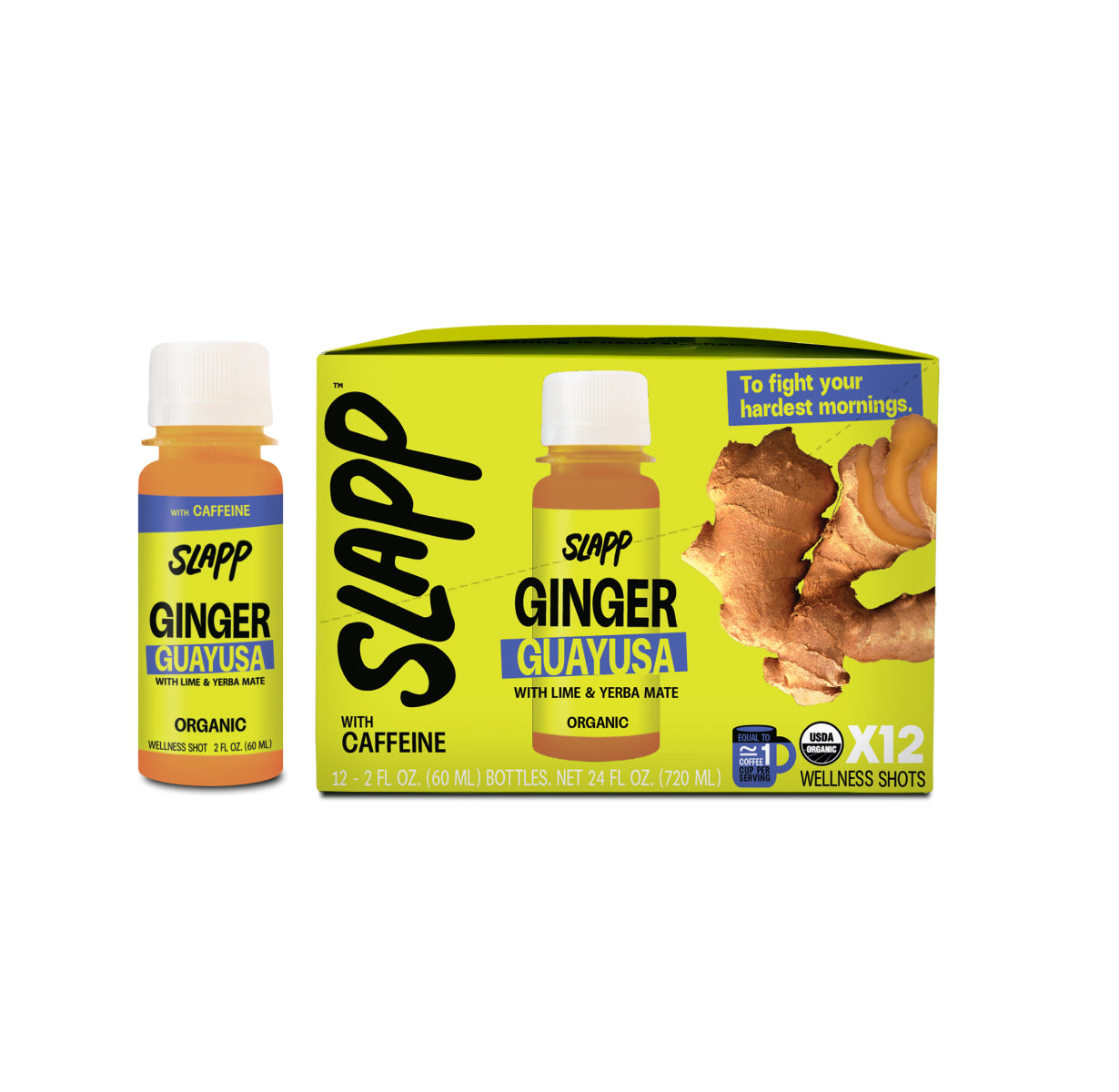 Slapp Ginger Guayusa wellness shot with caffeine, shown as a single bottle and 12-pack box with yellow and blue design, ginger slices, and the tagline - To fight your hardest mornings.