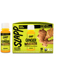 Slapp Extra Strength Ginger Turmeric wellness shot bottle and 12-pack box with bold yellow packaging, ginger slices, and the line : More Ginger | To fight your hardest mornings. 