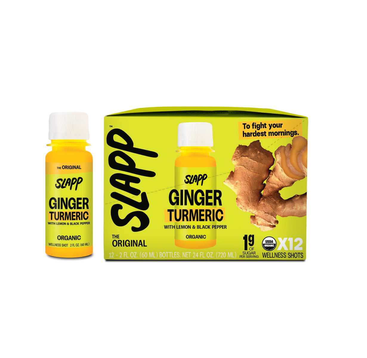 Slapp Ginger Turmeric wellness shot bottle (with lemon and black pepper) and 12-pack box, featuring ginger slices and the tagline “To fight your hardest mornings.”