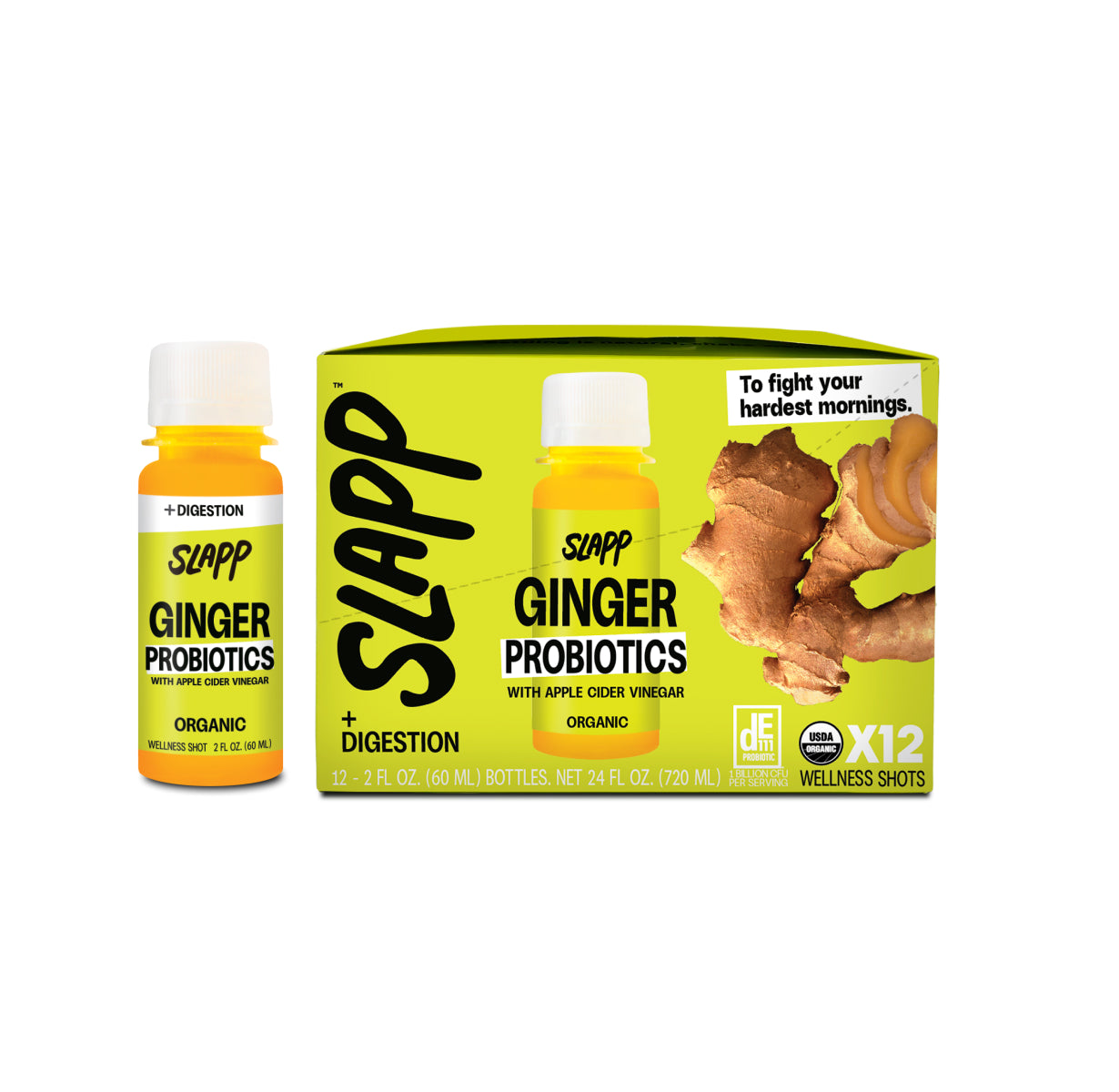 Slapp Ginger Probiotics wellness shot with apple cider vinegar for digestion, shown as a single bottle and 12-pack box with yellow packaging, ginger slices, and the tagline - To fight your hardest mornings.