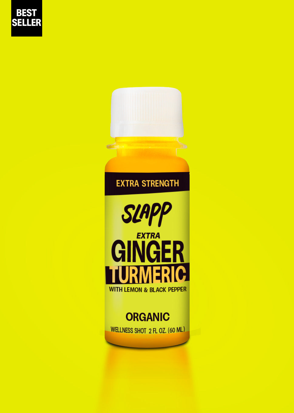 Slapp Extra Strength Ginger Turmeric wellness shot with lemon and black pepper, labeled Best Seller.