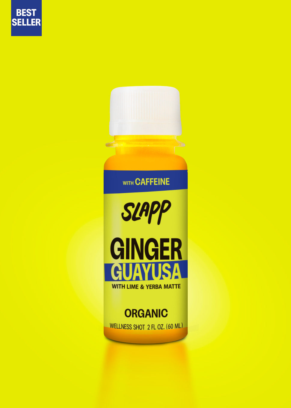 Slapp Ginger Guayusa wellness shot bottle with caffeine, lime, and yerba mate with a “Best Seller” label.